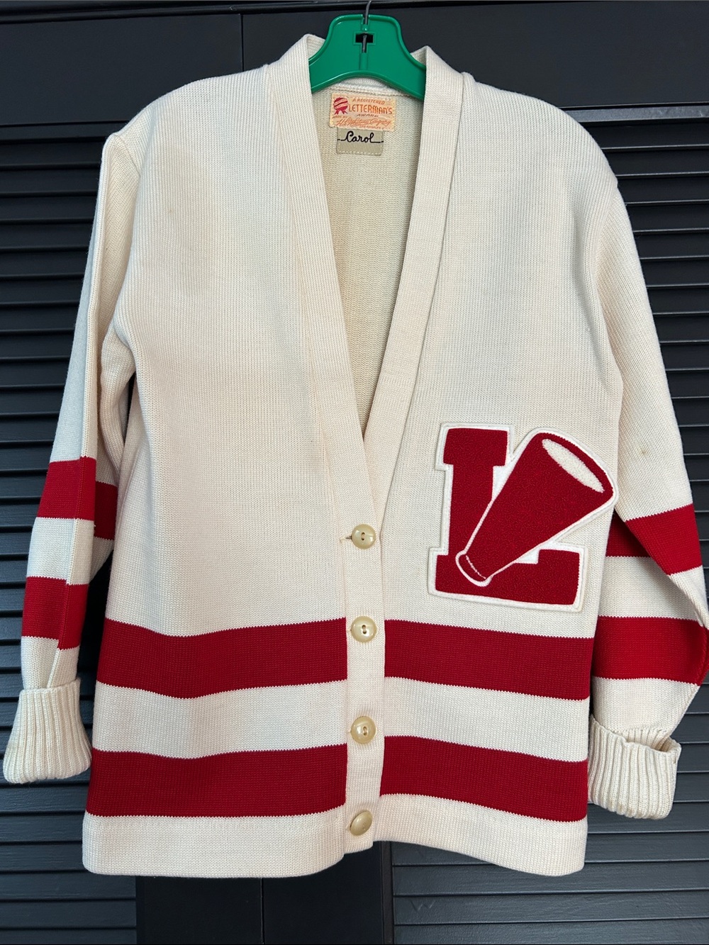 Vintage H.L. Whiting Co. Cardigan with Red Varsity Stripes and Appliqué, Size S